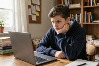 Élève lycéen frustré devant son ordinateur portable après avoir oublié son mot de passe Monlycée PSN
