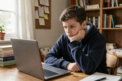 Élève lycéen frustré devant son ordinateur portable après avoir oublié son mot de passe Monlycée PSN