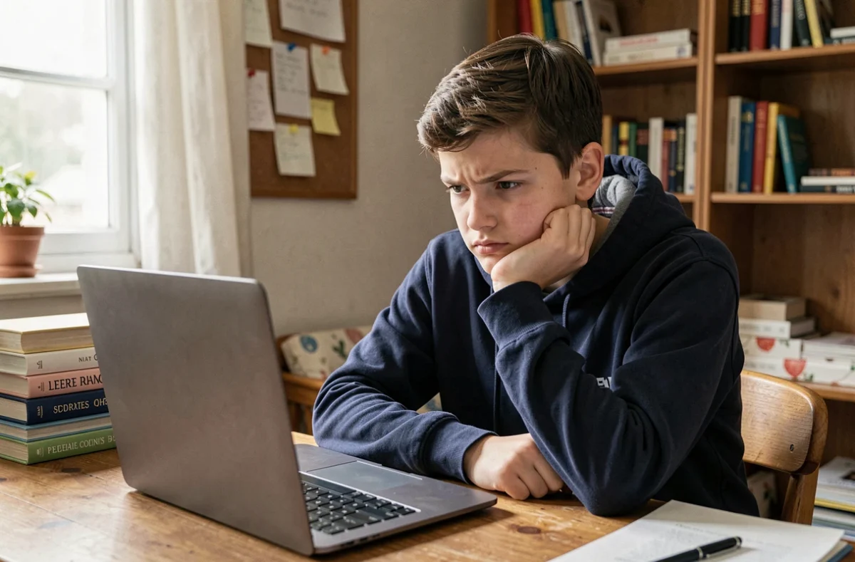 Élève lycéen frustré devant son ordinateur portable après avoir oublié son mot de passe Monlycée PSN