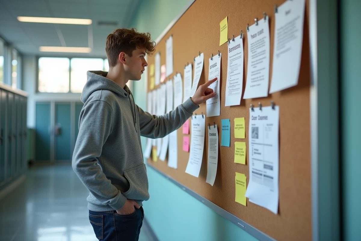 Lycéen STMG debout devant un tableau d'affichage avec des fiches métiers et des flyers d'universités