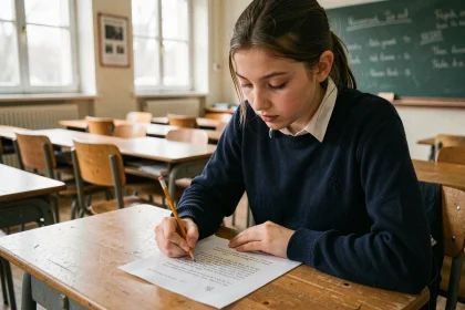 Lycéenne annotant une strophe de poème sur une fiche méthode en classe de français au lycée