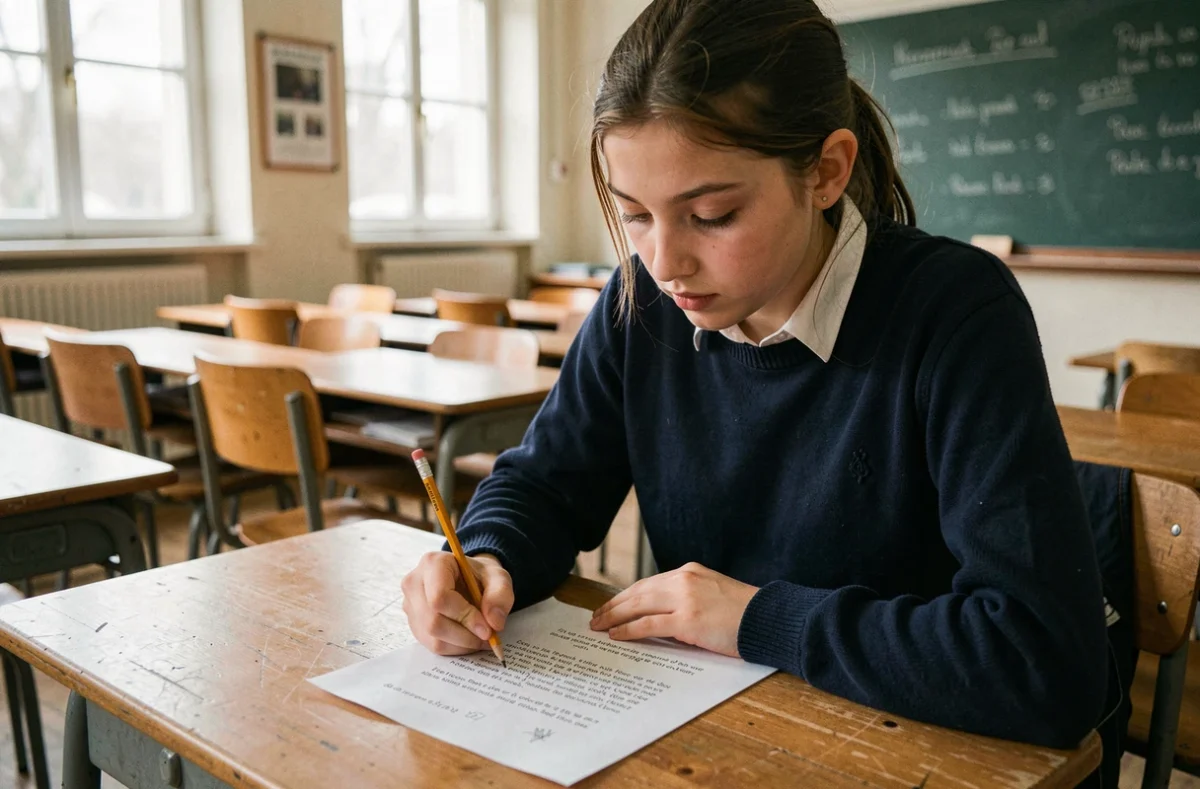 Lycéenne annotant une strophe de poème sur une fiche méthode en classe de français au lycée