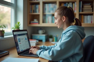 Lycéenne utilisant un portail scolaire en ligne sur son ordinateur portable dans sa chambre