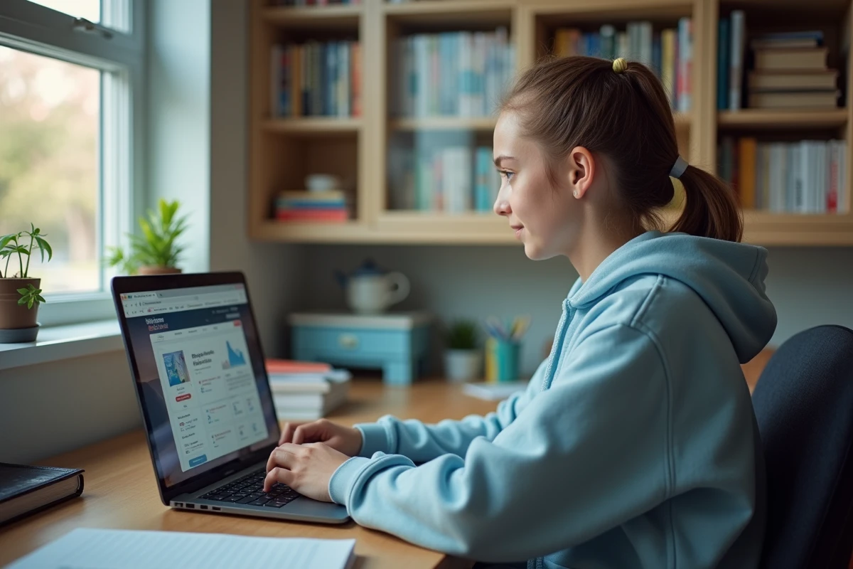 Lycéenne utilisant un portail scolaire en ligne sur son ordinateur portable dans sa chambre