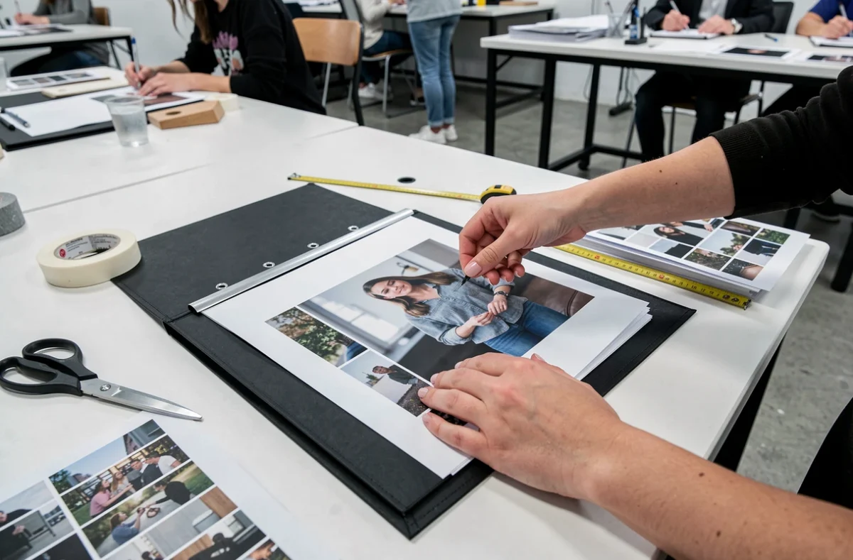 Gros plan de mains féminines insérant une photo imprimée dans un classeur portfolio professionnel sur une table d'atelier de école d'art