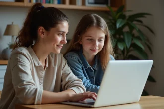 M&egrave;re et fille regardant un portail scolaire sur un ordinateur