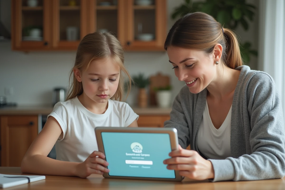 Maman et fille regardant une tablette dans la cuisine chaleureuse