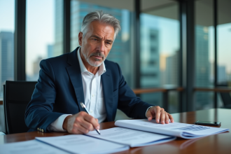 Manager homme en costume bleu dans un bureau moderne