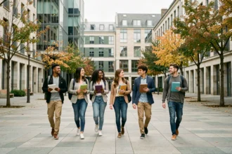 Étudiants en école de commerce marchant sur un campus universitaire moderne en Auvergne-Rhône-Alpes