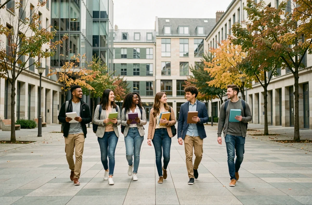 Étudiants en école de commerce marchant sur un campus universitaire moderne en Auvergne-Rhône-Alpes