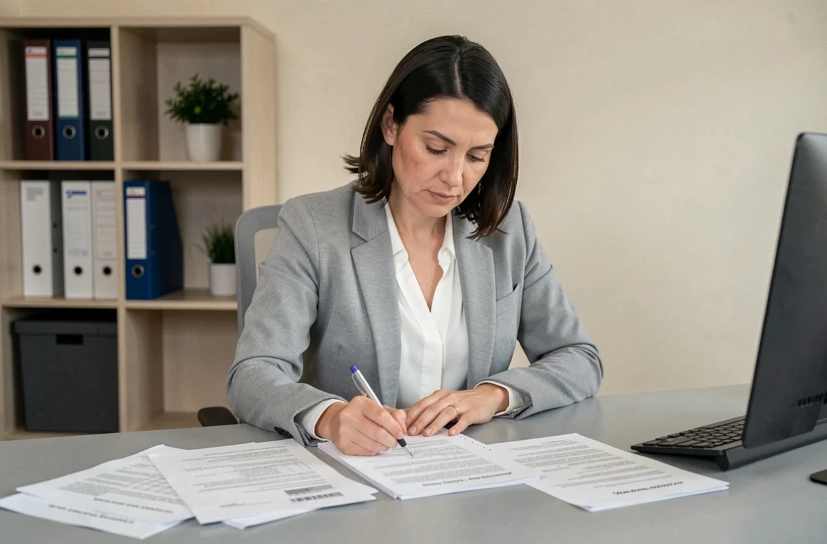 Mère seule consultant des bulletins scolaires imprimés dans un bureau à domicile organisé