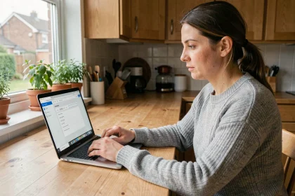 Mère configurant les paramètres de confidentialité d'une plateforme éducative numérique sur son ordinateur portable dans une cuisine familiale