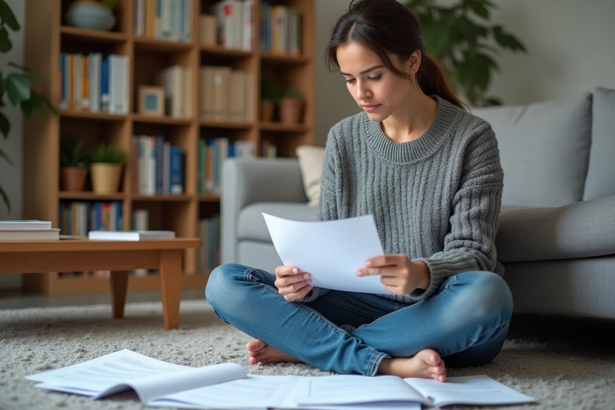 Mère choisissant des exercices imprimés adaptés pour son enfant de CE1
