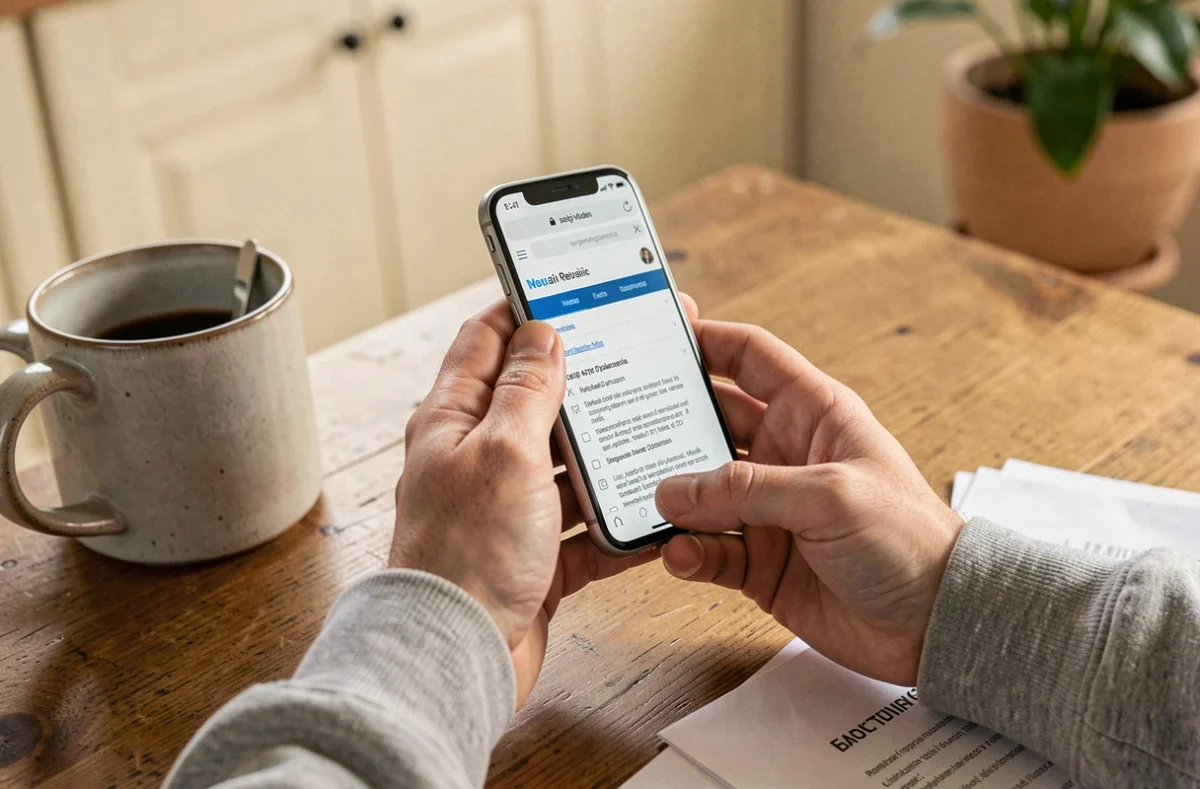 Mains tenant un smartphone affichant la messagerie académique depuis un domicile personnel