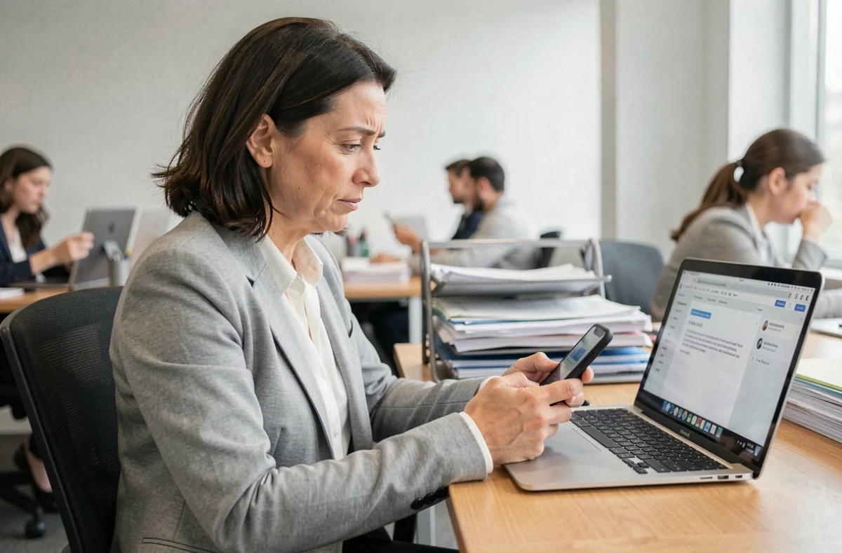 Enseignante consultant sa messagerie académique Strasbourg sur smartphone personnel au bureau