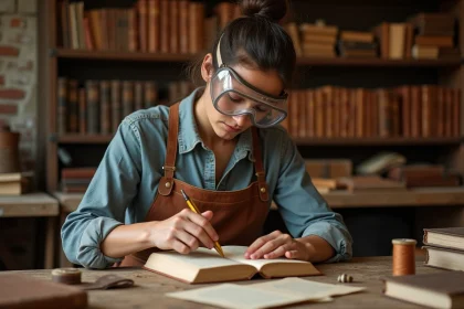 Artisane relieuse concentrée en train de coudre le dos d'un livre ancien dans son atelier de reliure artisanale