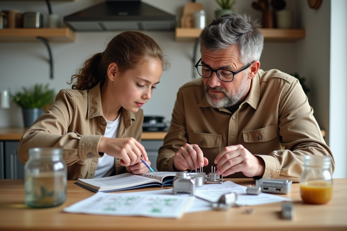 Père et fille assemblant un kit scientifique dans la cuisine