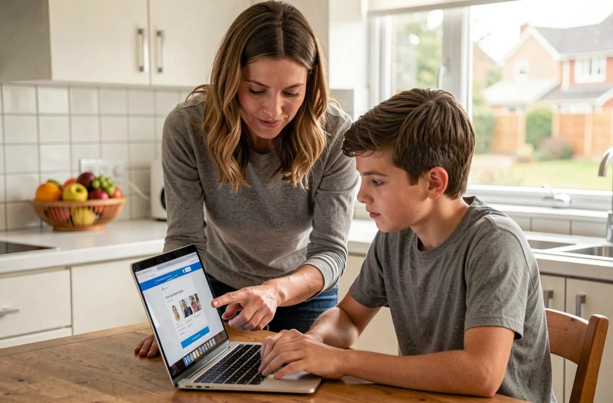 Mère aidant son fils adolescent à naviguer sur l'ENT depuis un ordinateur portable dans la cuisine familiale