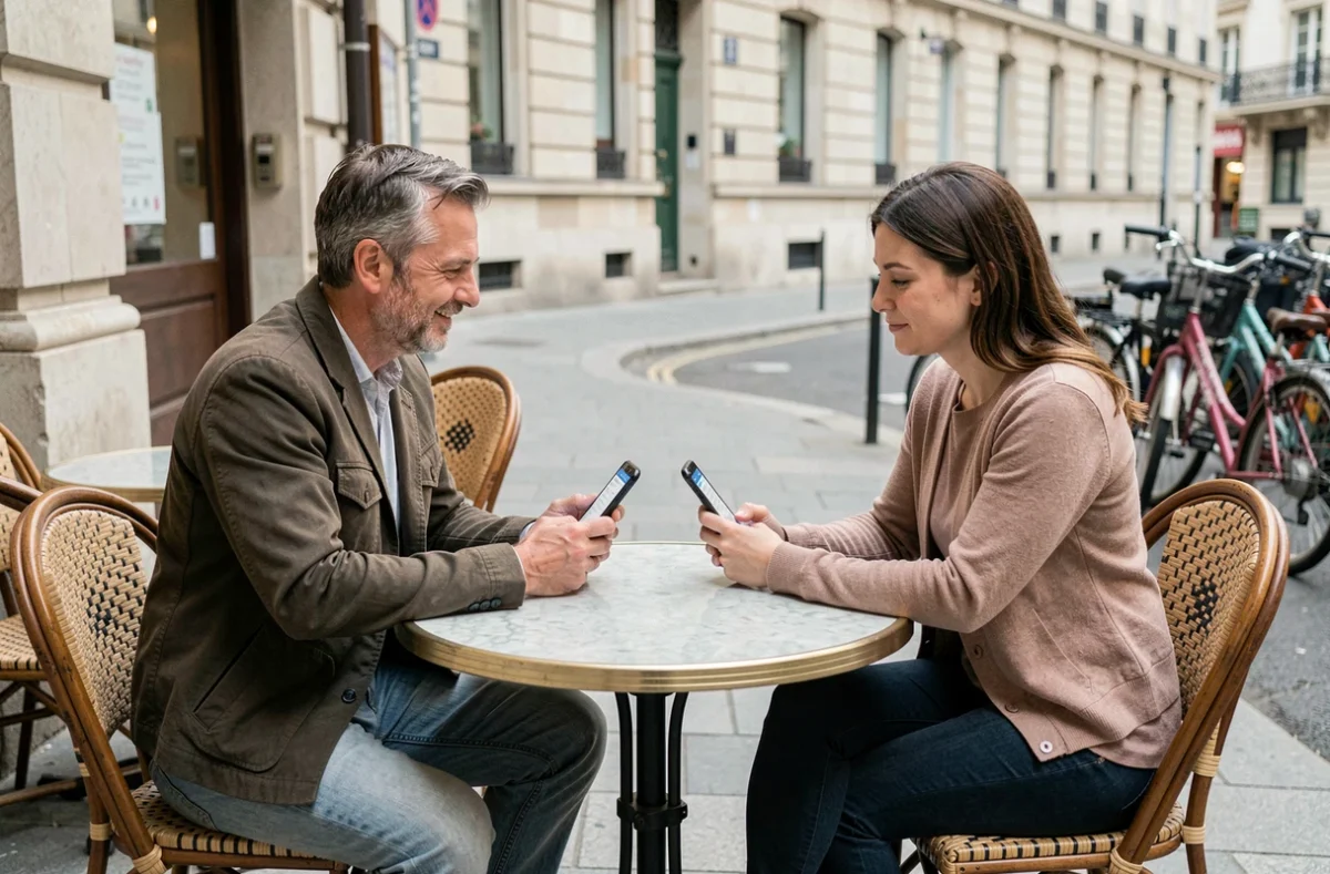 Parents séparés discutant calmement du suivi scolaire de leur enfant via une application mobile en terrasse de café