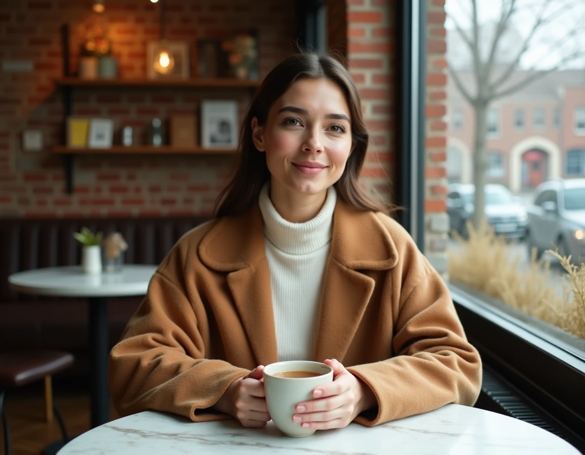 Femme en pause bien-être dans un café cosy tenant une tasse de tisane dans une ambiance automnale apaisante