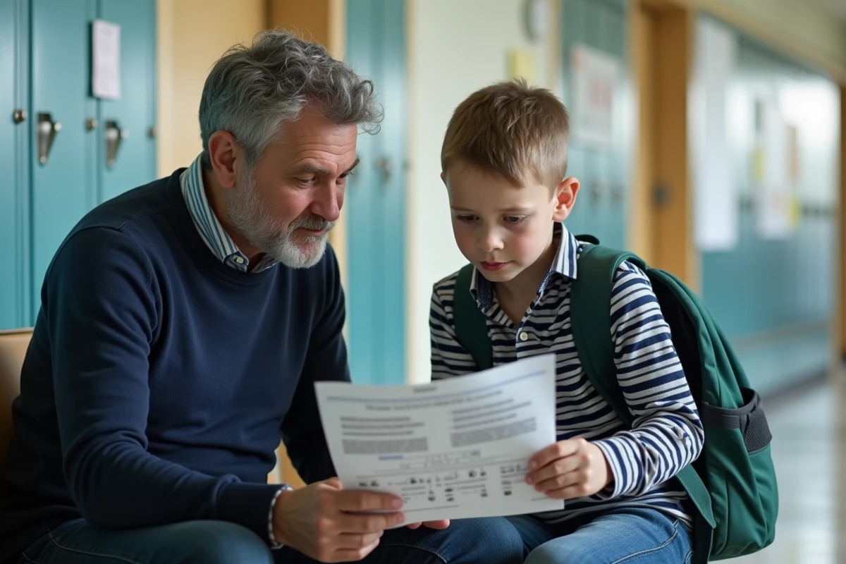 Père et fils étudiant un guide sur le systeme Syclade dans le couloir