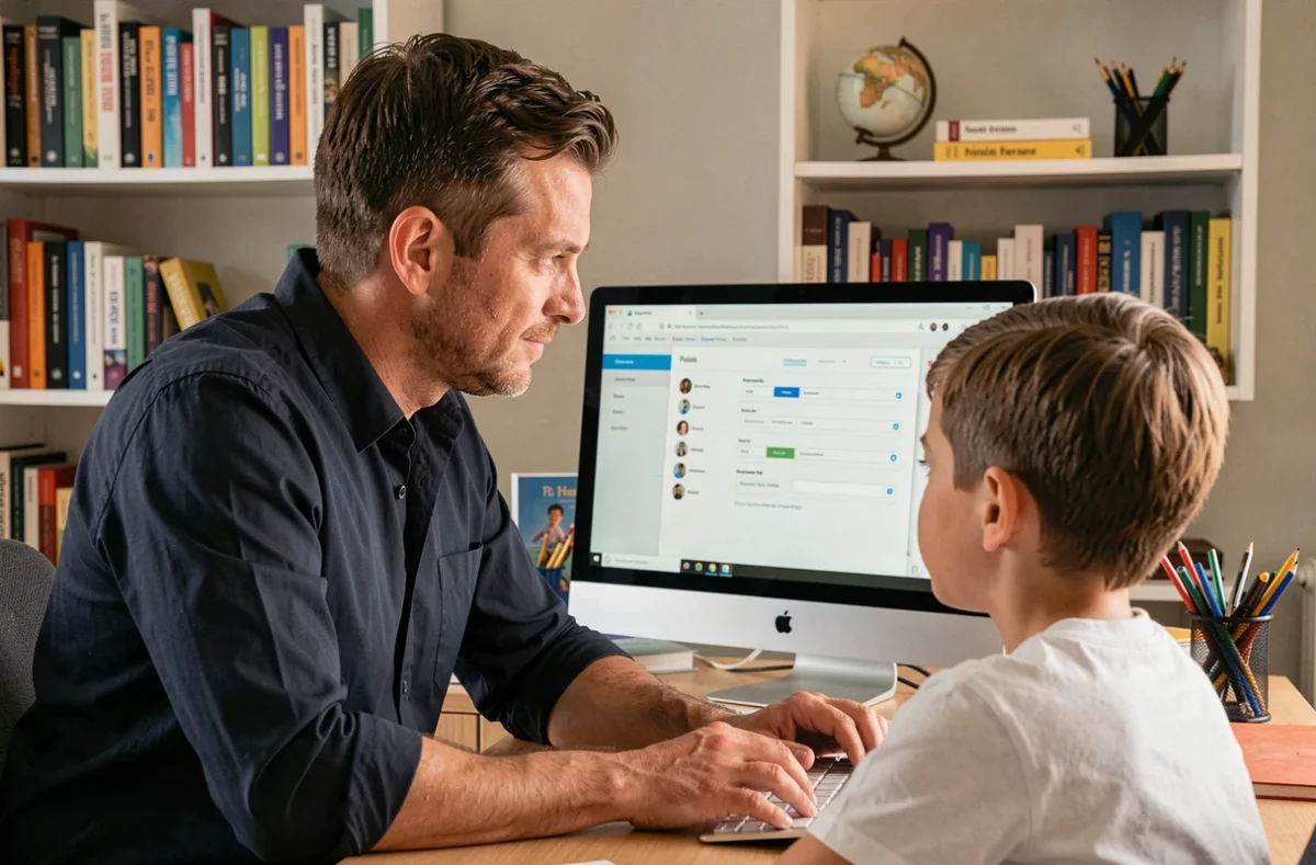 Père et enfant révisant ensemble les paramètres de protection des données sur un portail scolaire numérique dans un bureau à domicile
