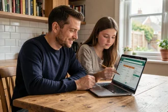 Père et fille adolescente consultant ensemble le suivi scolaire en ligne sur un ordinateur portable dans une cuisine familiale