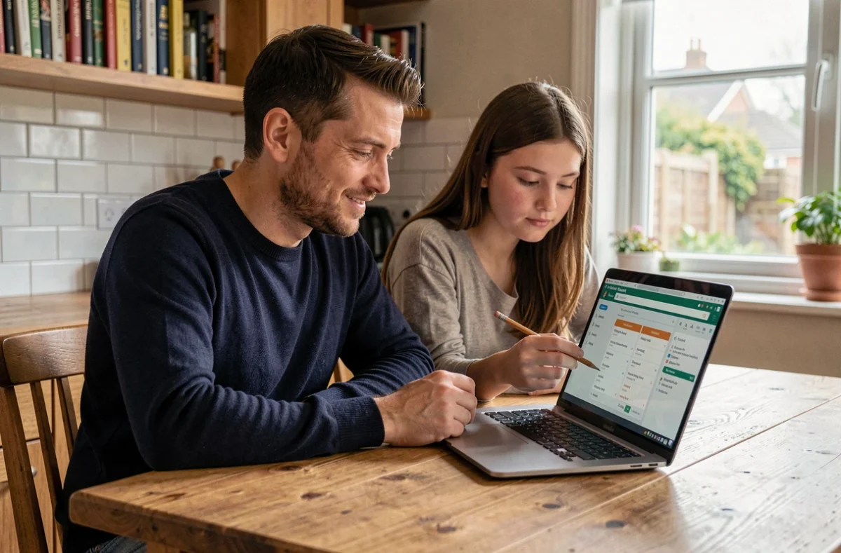 Père et fille adolescente consultant ensemble le suivi scolaire en ligne sur un ordinateur portable dans une cuisine familiale