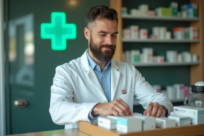 Pharmacien en blouse blanche qui range des m&eacute;dicaments derri&egrave;re le comptoir d'une pharmacie moderne, illustrant un m&eacute;tier commen&ccedil;ant par la lettre Q dans un contexte &eacute;ducatif