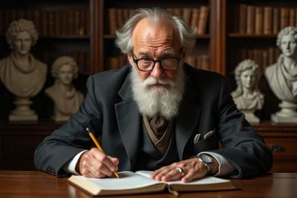 Philosophe âgé en lecture dans son bureau ancien