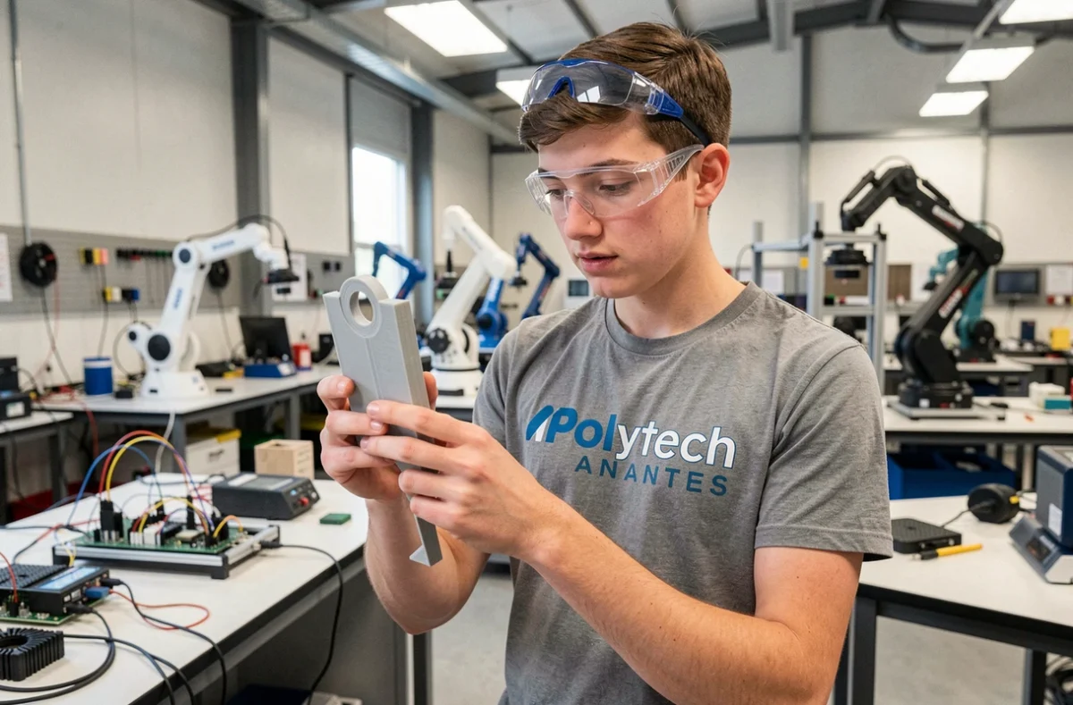 Étudiant de Polytech Nantes examinant une pièce imprimée en 3D dans un laboratoire de prototypage multi-spécialités