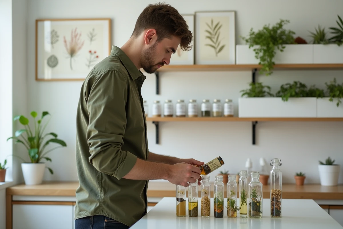 Jeune praticien en phytothérapie examinant des extraits de plantes médicinales dans un cabinet de consultation moderne