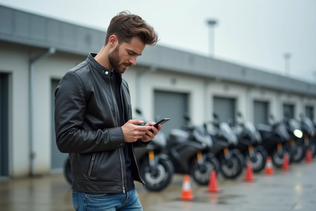 Homme en veste de moto consultant une application de préparation au code moto devant un centre de formation