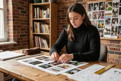 Étudiante en art préparant son portfolio pour l'école Gobelins en arrangeant des photos et illustrations sur un bureau en bois dans un studio créatif