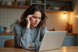 Femme frustrée devant un écran d'ordinateur affichant une erreur de connexion au portail ENC OZE 92