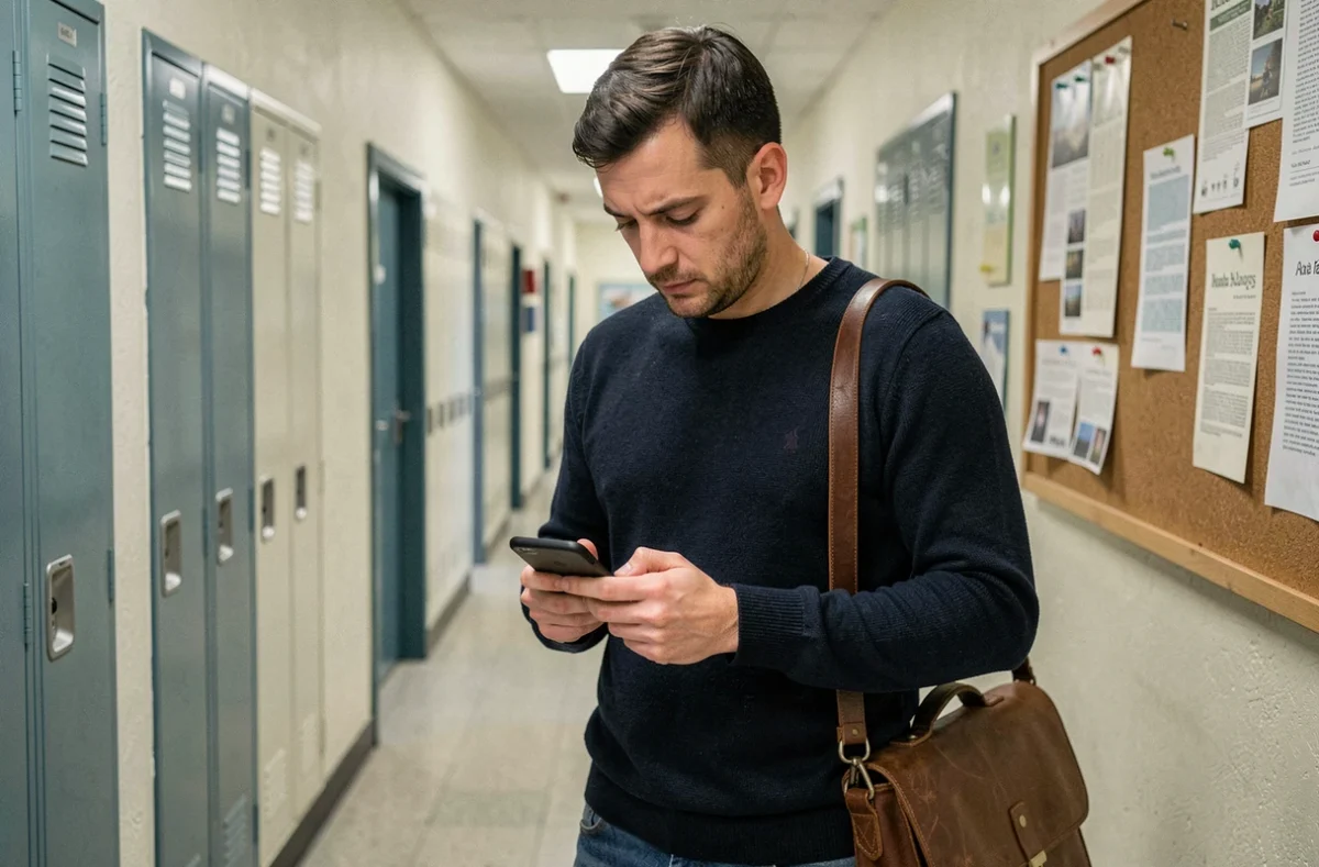 Professeur consultant ses emails académiques sur smartphone personnel dans couloir d'école
