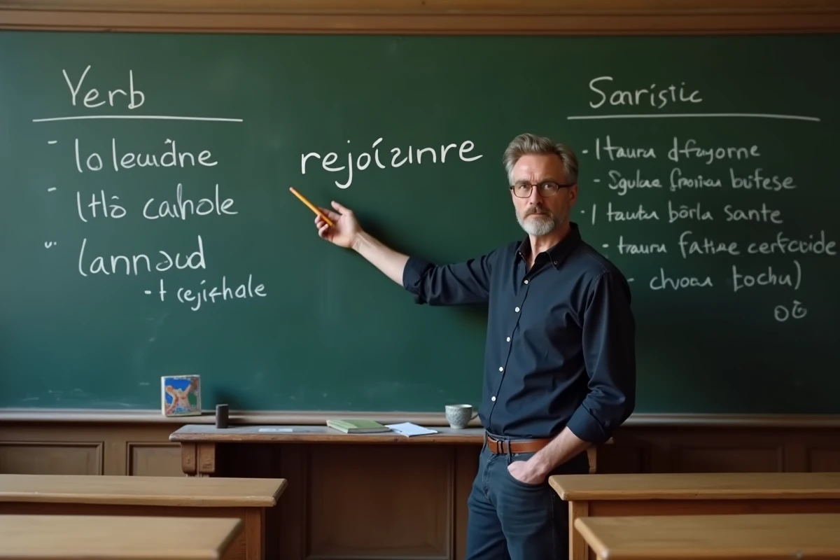 Professeur de français expliquant la conjugaison du verbe rejoindre au passé simple devant un tableau noir dans une salle de classe