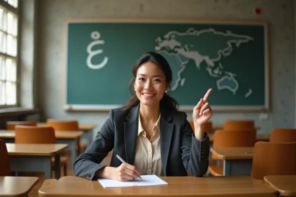 Professeure d'espagnol pointant la lettre ñ écrite à la craie sur un tableau de classe