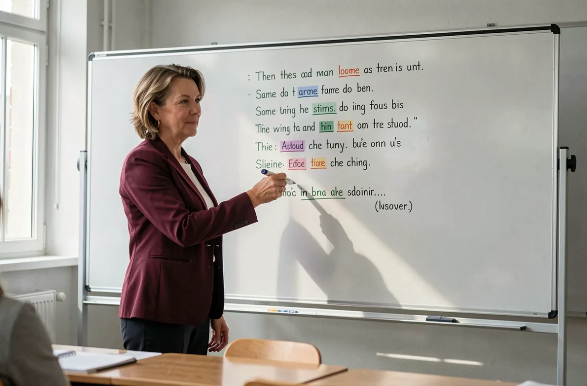 Professeure de français expliquant la structure d'une strophe de six vers au tableau devant une classe de lycée
