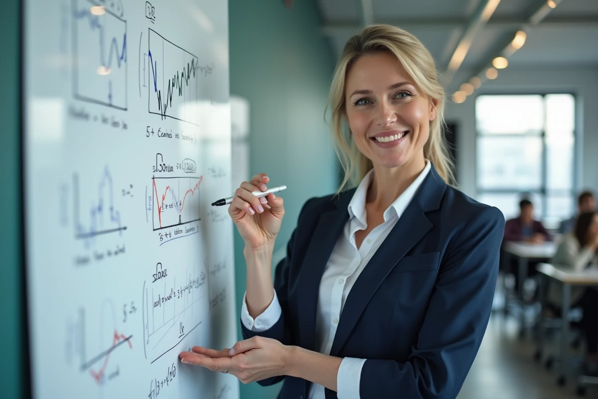 Professeure de mathématiques devant un tableau avec formules et graphiques