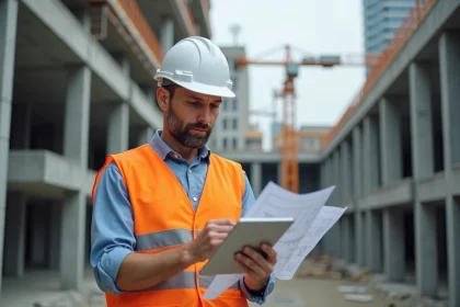 Professionnel du BTP consultant des plans sur tablette devant un chantier de construction en cours