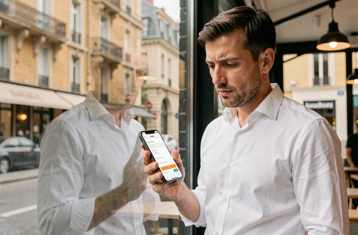 Entrepreneur lyonnais consultant un profil incomplet sur son smartphone depuis un café du centre de Lyon