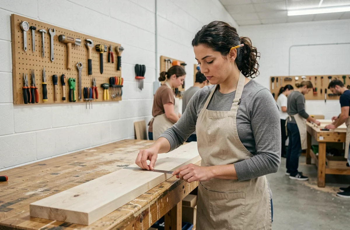 Femme en reconversion professionnelle suivant une formation bricolage CPF dans un centre de formation artisanal