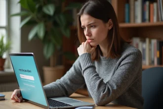 Femme frustrée devant son ordinateur portable sur un bureau en bois, tentant de récupérer un mot de passe oublié sur un site immobilier