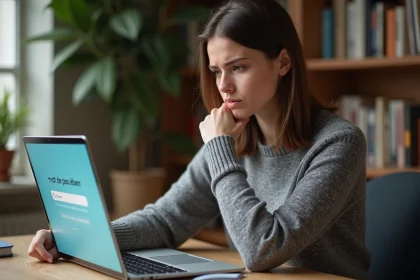 Femme frustrée devant son ordinateur portable sur un bureau en bois, tentant de récupérer un mot de passe oublié sur un site immobilier