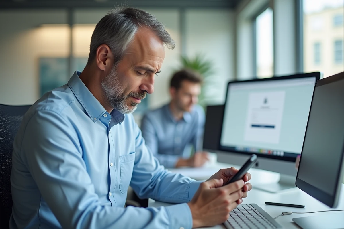 Homme en chemise bleue réinitialisant son mot de passe via smartphone dans un bureau moderne, procédure de récupération de compte immobilier