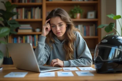 Jeune femme révisant le code moto avec des fiches et un ordinateur portable à son bureau à domicile