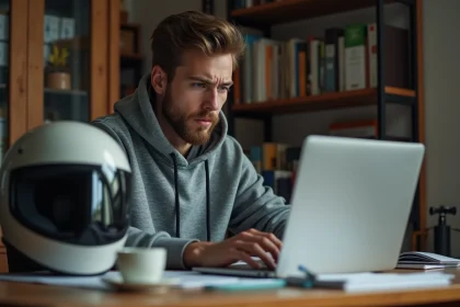 Jeune homme r&eacute;visant le code de la route moto sur un ordinateur portable &agrave; son bureau, casque pos&eacute; &agrave; c&ocirc;t&eacute; de lui