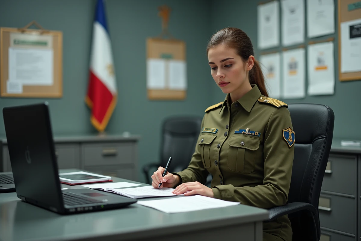 Sergente de l'armée de Terre assise à son bureau administratif dans les bureaux d'une caserne militaire française