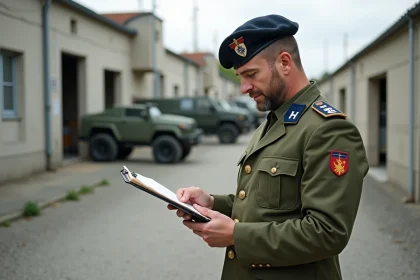 Sous-officier de l'armée de Terre en uniforme de campagne consultant des documents sur une base militaire française